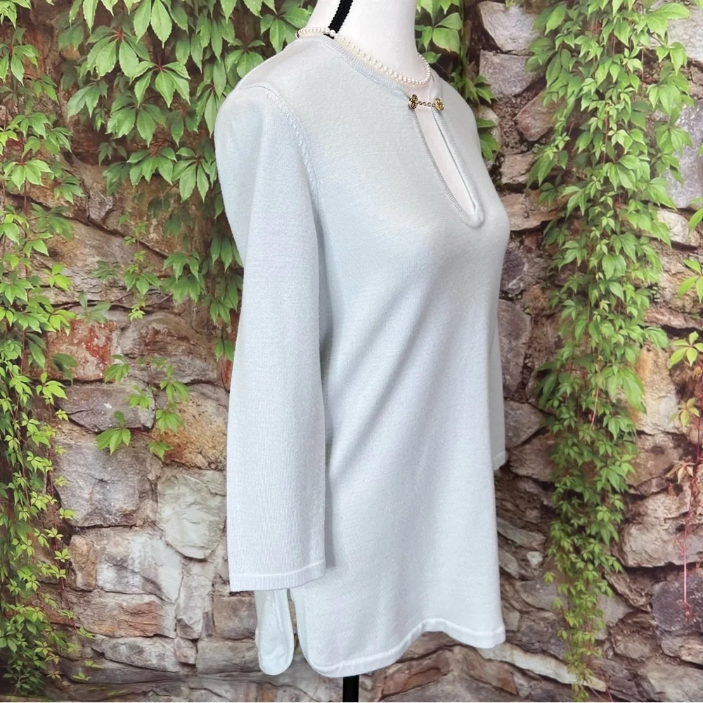 TORY BURCH Luxury Double T-Chain Detail Sage Green/Gray Wool Keyhole Sweater, S